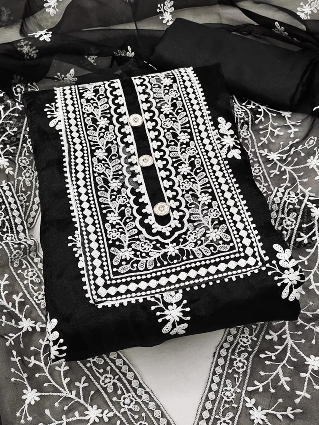 

MORLY Black & White Embroidered Organza Unstitched Dress Material