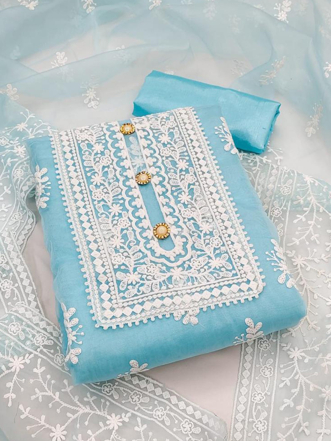 

MORLY Turquoise Blue & White Embroidered Organza Unstitched Dress Material