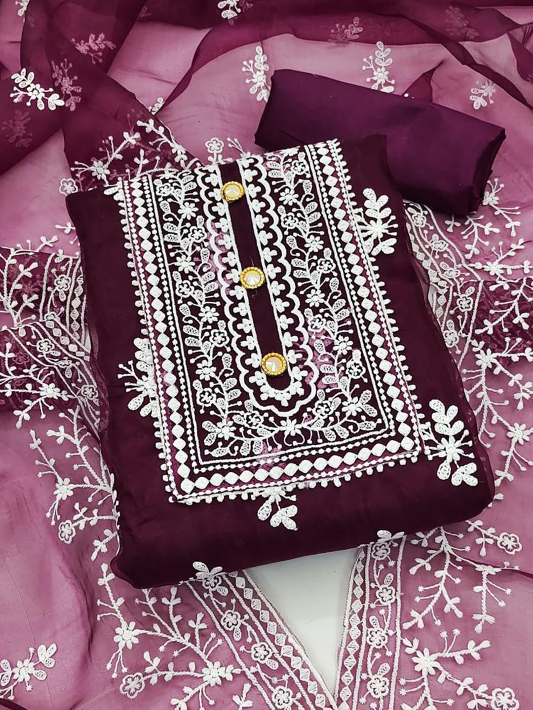 

MORLY Purple & White Embroidered Organza Unstitched Dress Material