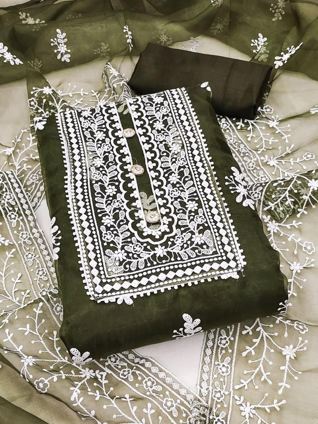 

MORLY Olive Green & White Embroidered Organza Unstitched Dress Material