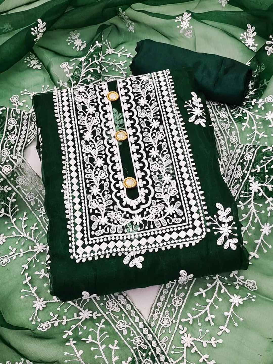 

MORLY Green & Silver-Toned Embroidered Organza Unstitched Dress Material