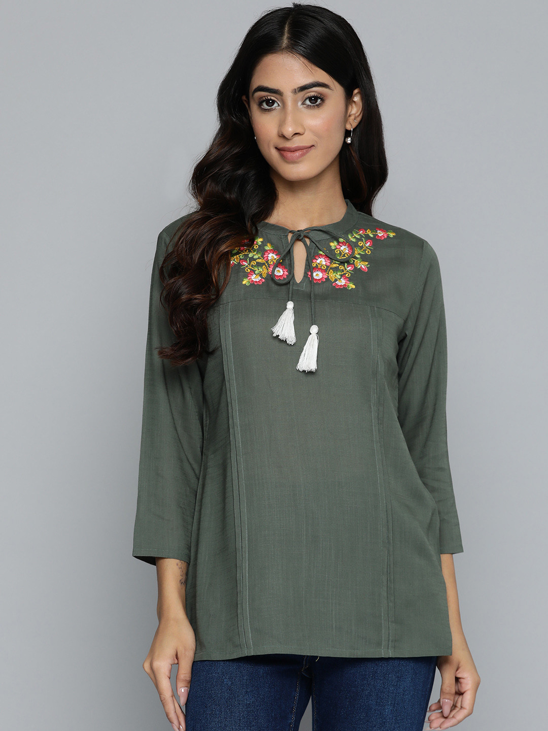 

HERE&NOW Floral Embroidered Tie-Up Neck Longline Top, Olive