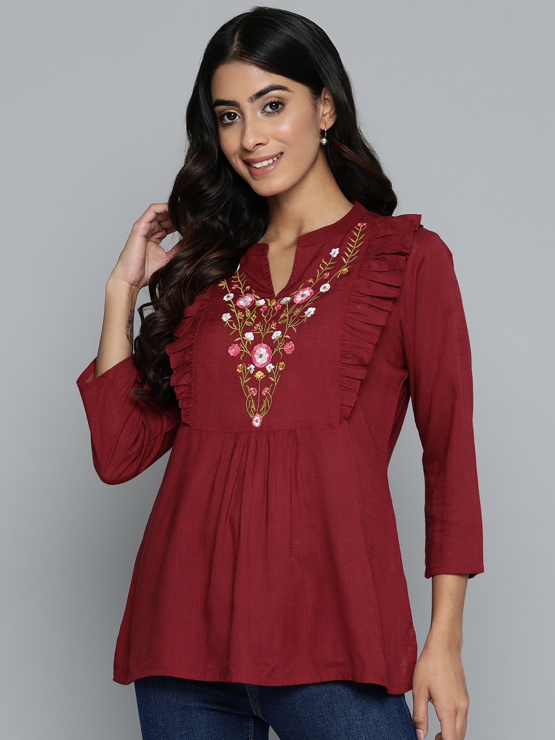 

HERE&NOW Floral Embroidered Mandarin Collar Ruffles Peplum Longline Top, Maroon