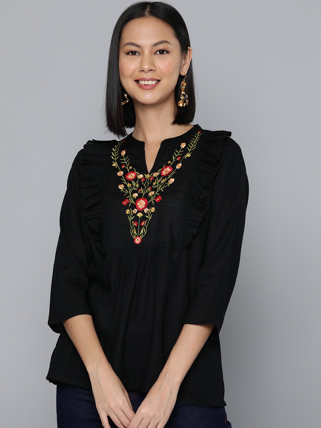 

HERE&NOW Floral Embroidered Mandarin Collar Ruffles Longline Top, Black