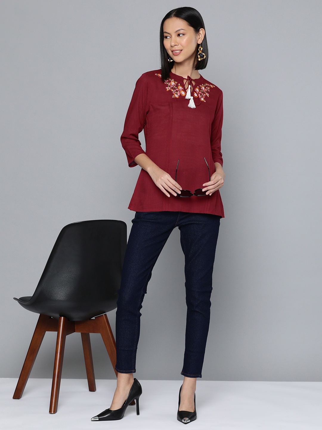 

HERE&NOW Floral Embroidered Tie-Up Neck Longline Top, Maroon