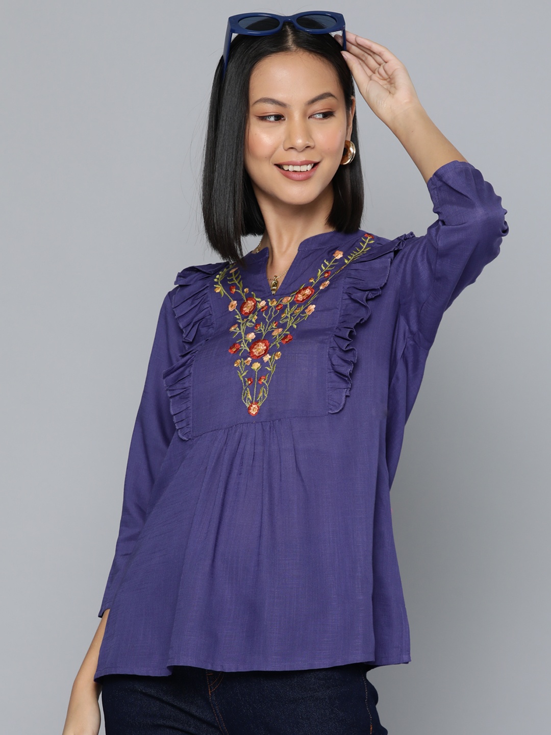 

HERE&NOW Floral Embroidered Mandarin Collar Ruffles Longline Top, Blue