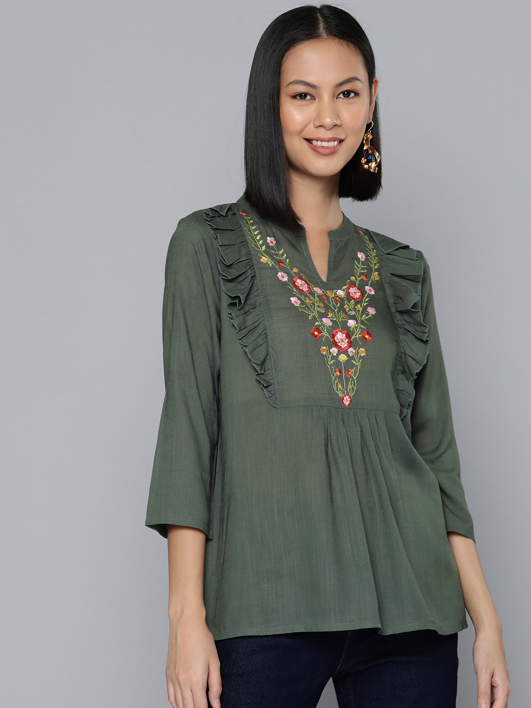 

HERE&NOW Floral Embroidered Mandarin Collar Ruffles Longline Top, Green