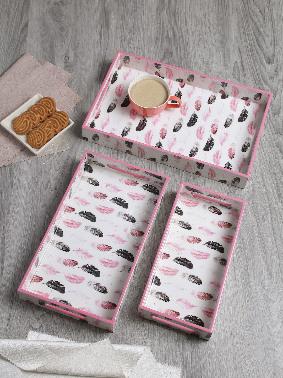 

FABINALIV 3 Pieces Printed Wooden Serving Trays, White