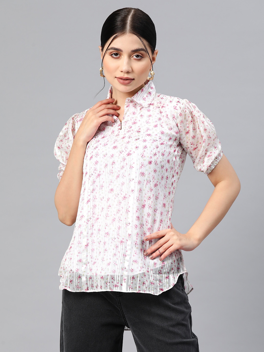 

PRASTHAN Striped Floral Print Dobby Puff Sleeves Shirt Style Top, White