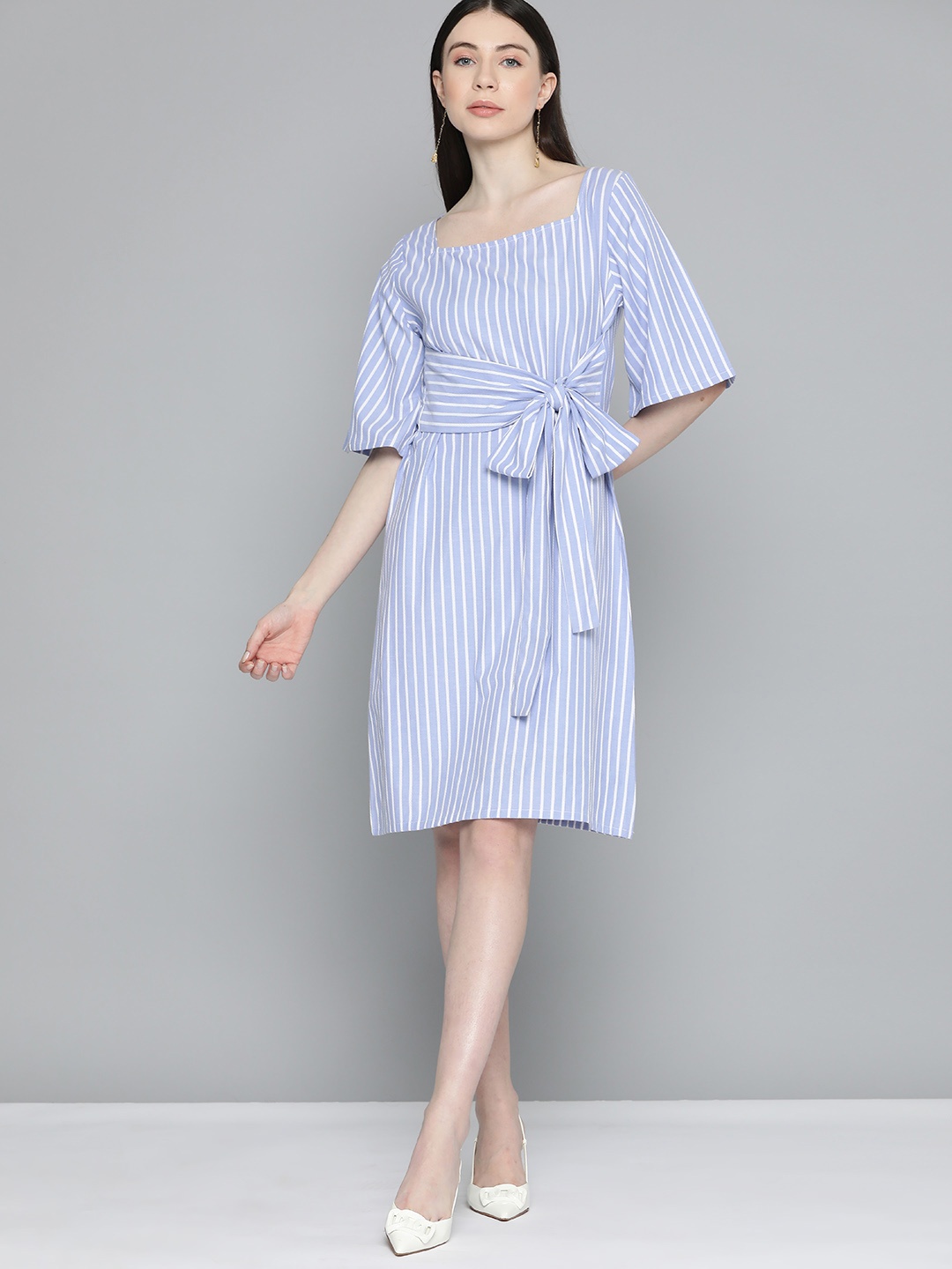 

Chemistry Striped Pure Cotton A-Line Dress With Tie-Ups Detail, Blue