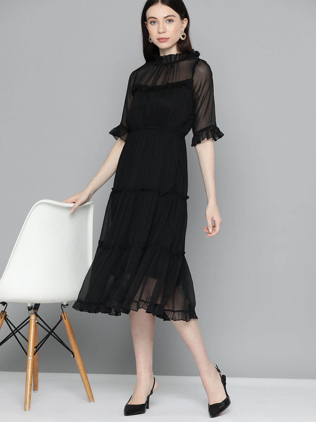 

Chemistry Bell Sleeves Chiffon Fit & Flare Midi Dress, Black
