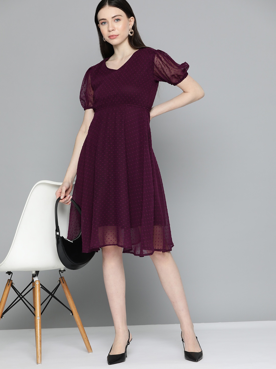 

Chemistry Puff Sleeves Georgette Fit & Flare Dress, Purple
