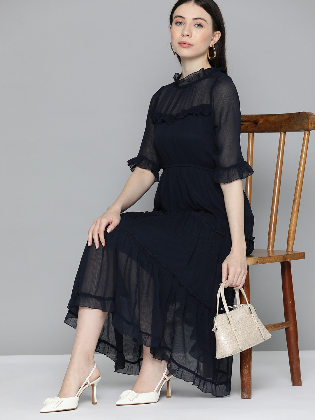 

Chemistry Bell Sleeves High Neck Chiffon Fit & Flare Midi Dress, Navy blue