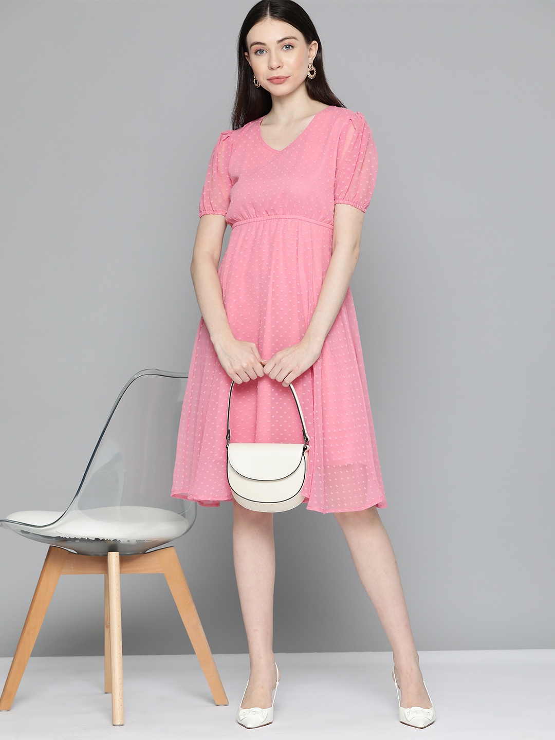 

Chemistry Puff Sleeves Georgette Fit & Flare Dress, Pink