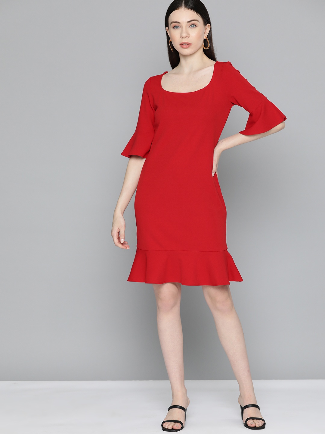

Chemistry Bell Sleeves Scuba Formal A-Line Dress, Red