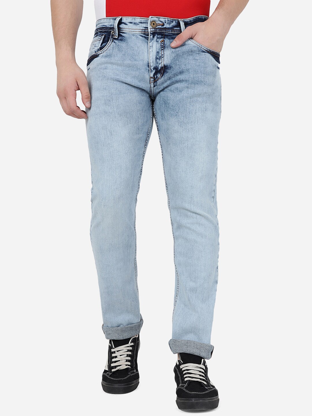 

Greenfibre Men Clean Look Mid Rise Heavy Fade Cotton Slim Fit Stretchable Jeans, Blue