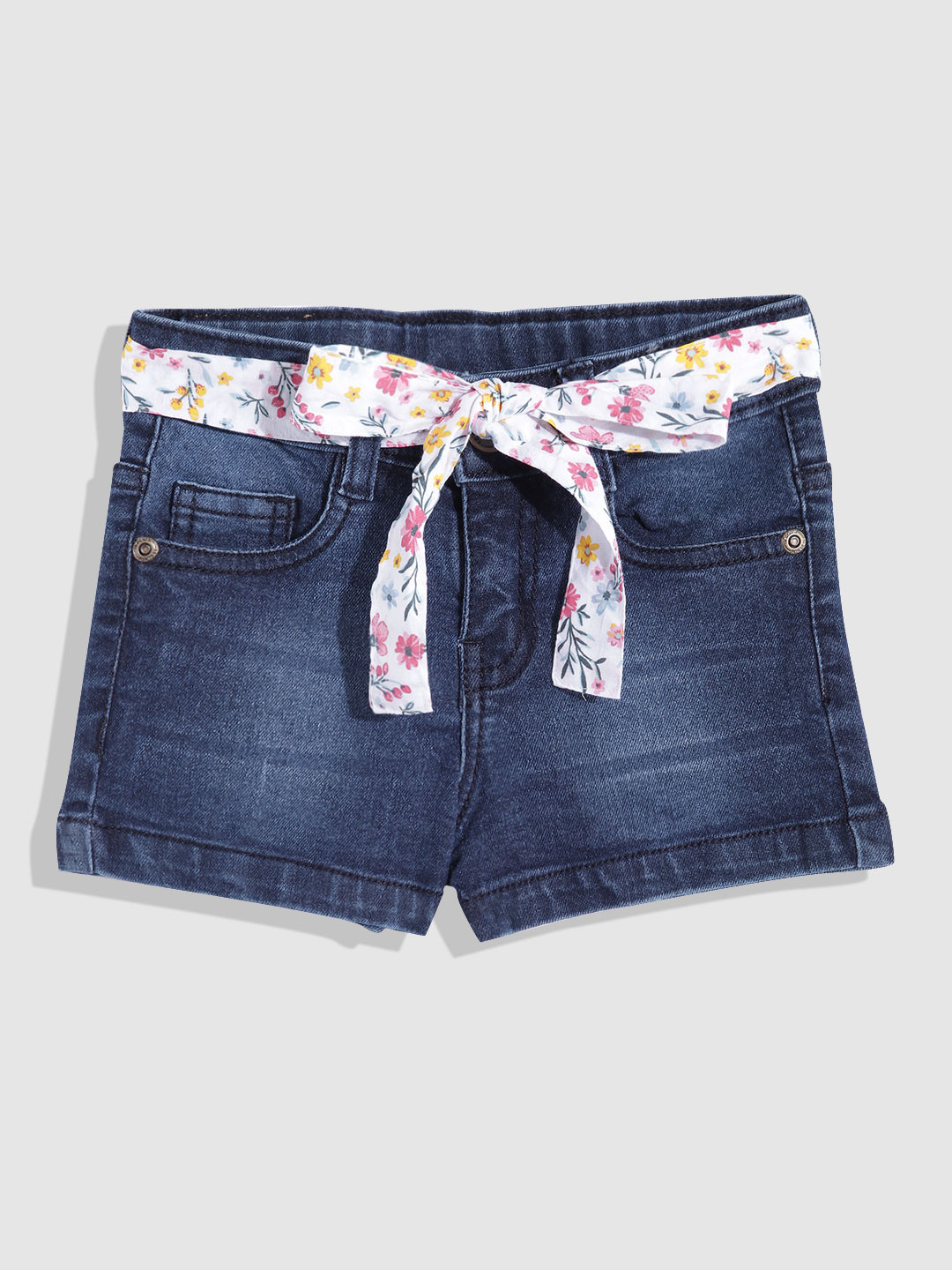 

YK Girls Slim Fit Denim Shorts With Belt, Navy blue