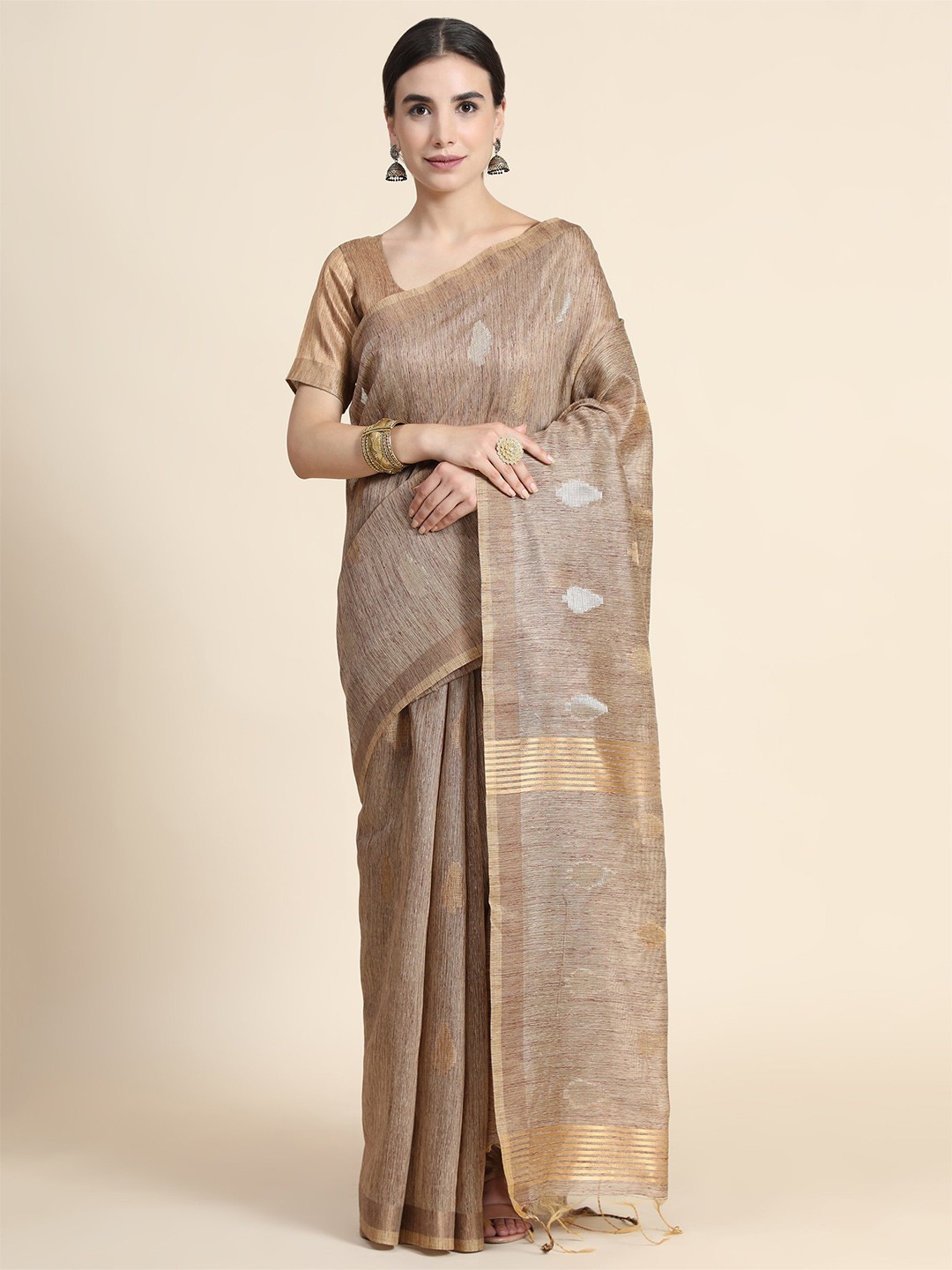 

VISHNU WEAVES Ethnic Woven Design Zari Pure Cotton Saree, Beige