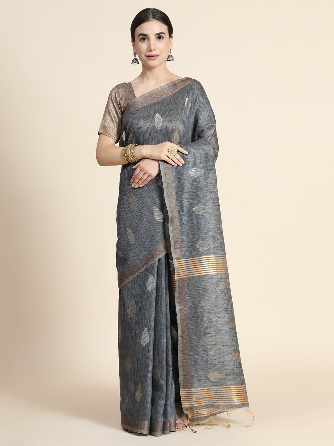 

VISHNU WEAVES Ethnic Woven Design Zari Pure Cotton Saree, Grey