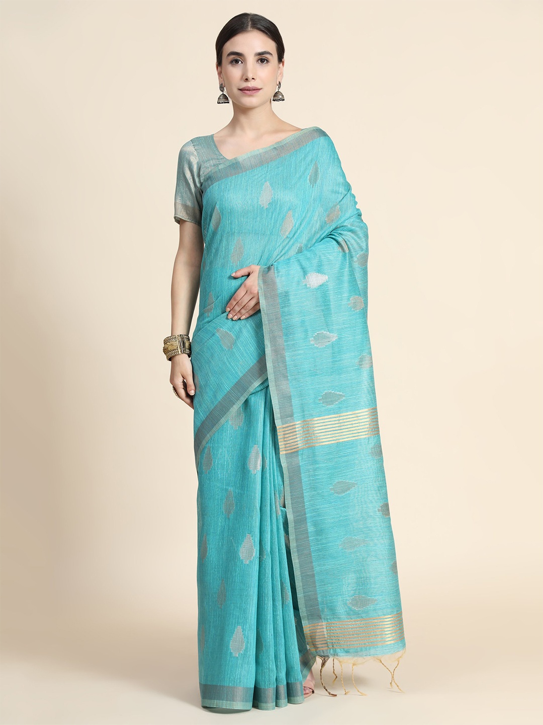 

VISHNU WEAVES Ethnic Woven Design Zari Pure Cotton Saree, Turquoise blue