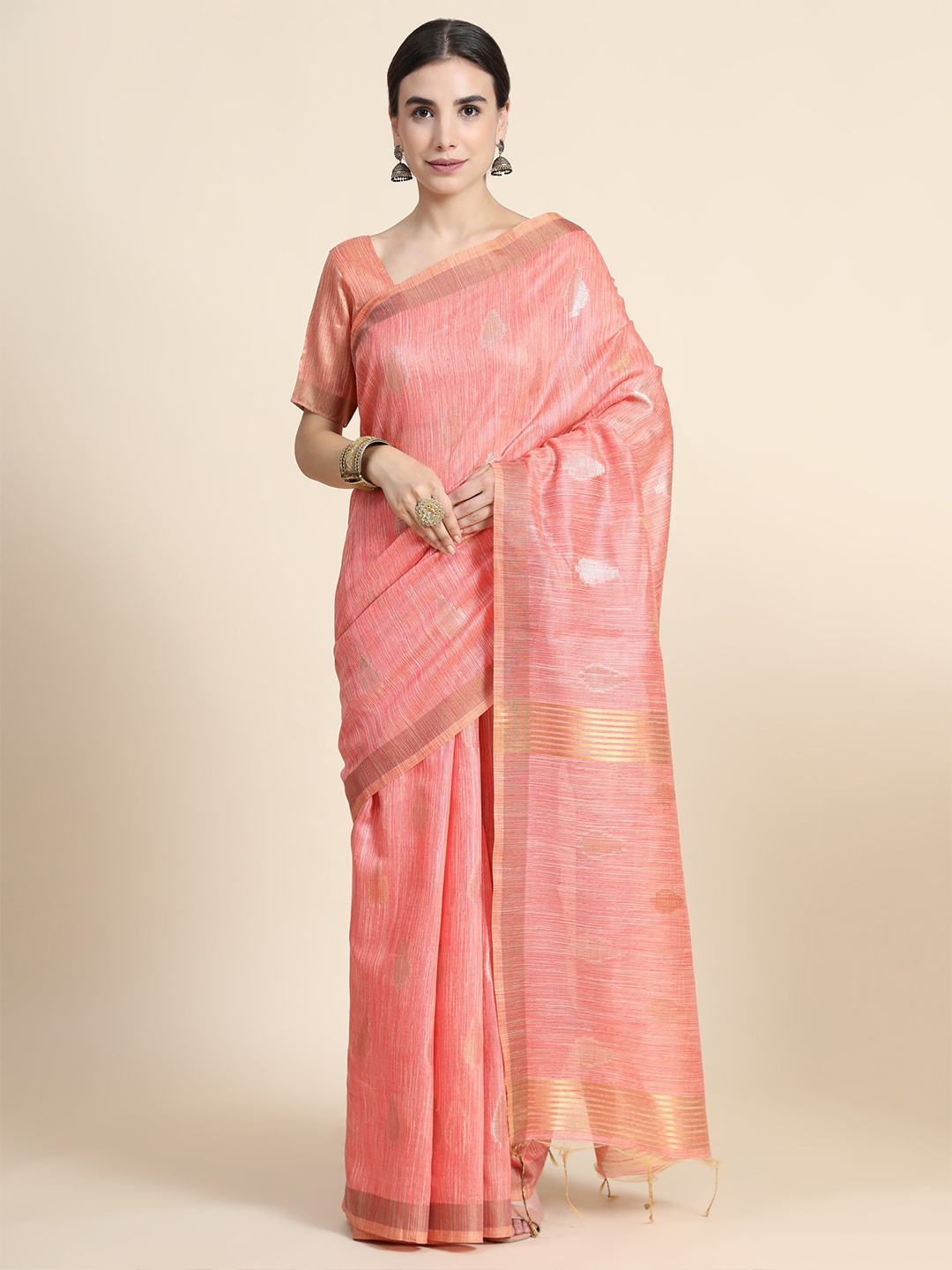 

VISHNU WEAVES Ethnic Woven Design Zari Pure Cotton Saree, Orange