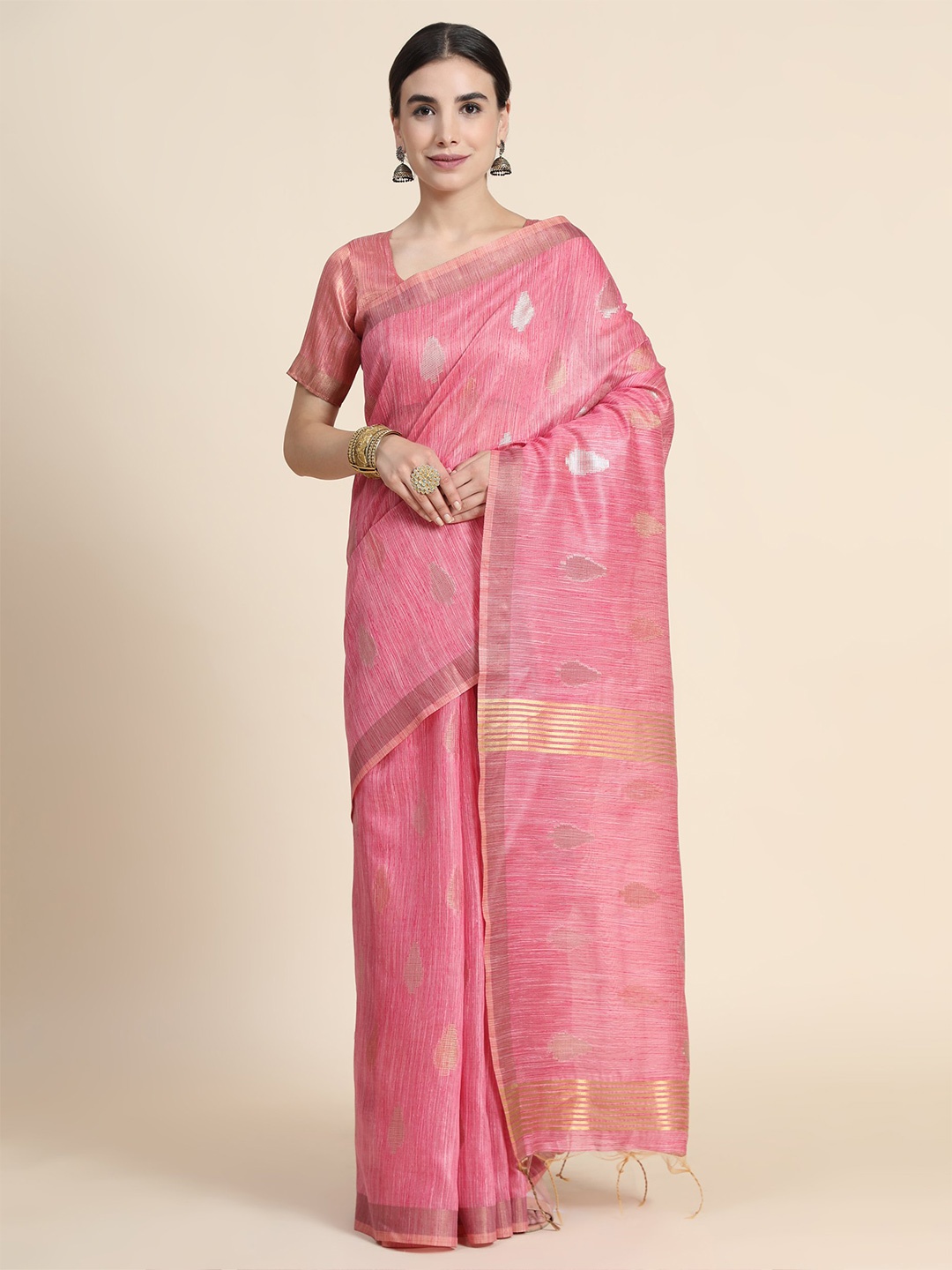 

VISHNU WEAVES Ethnic Woven Design Zari Pure Cotton Saree, Pink