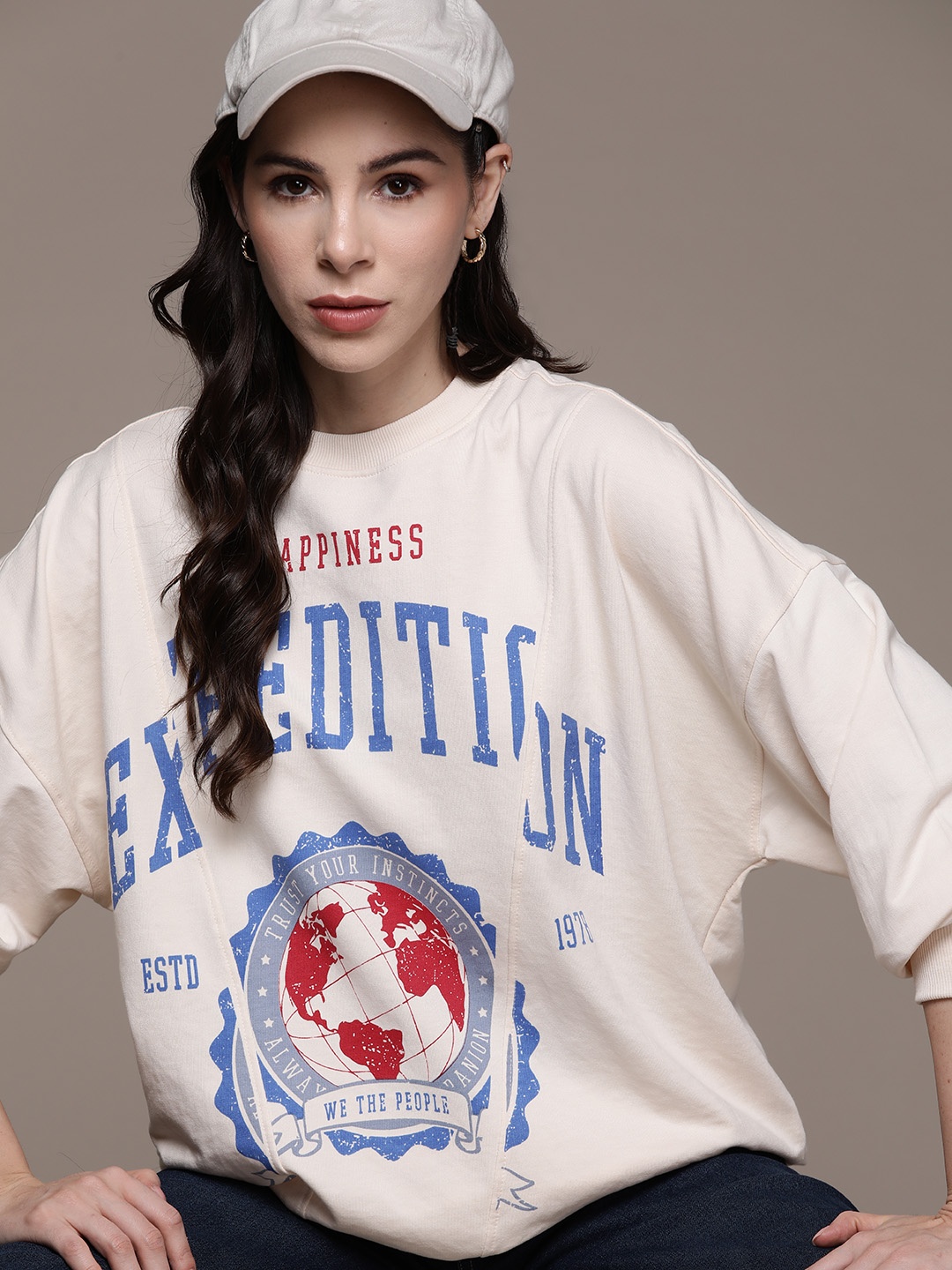 

The Roadster Lifestyle Co. Graphic Printed Drop-Shoulder Sleeves Longline Sweatshirt, Off white