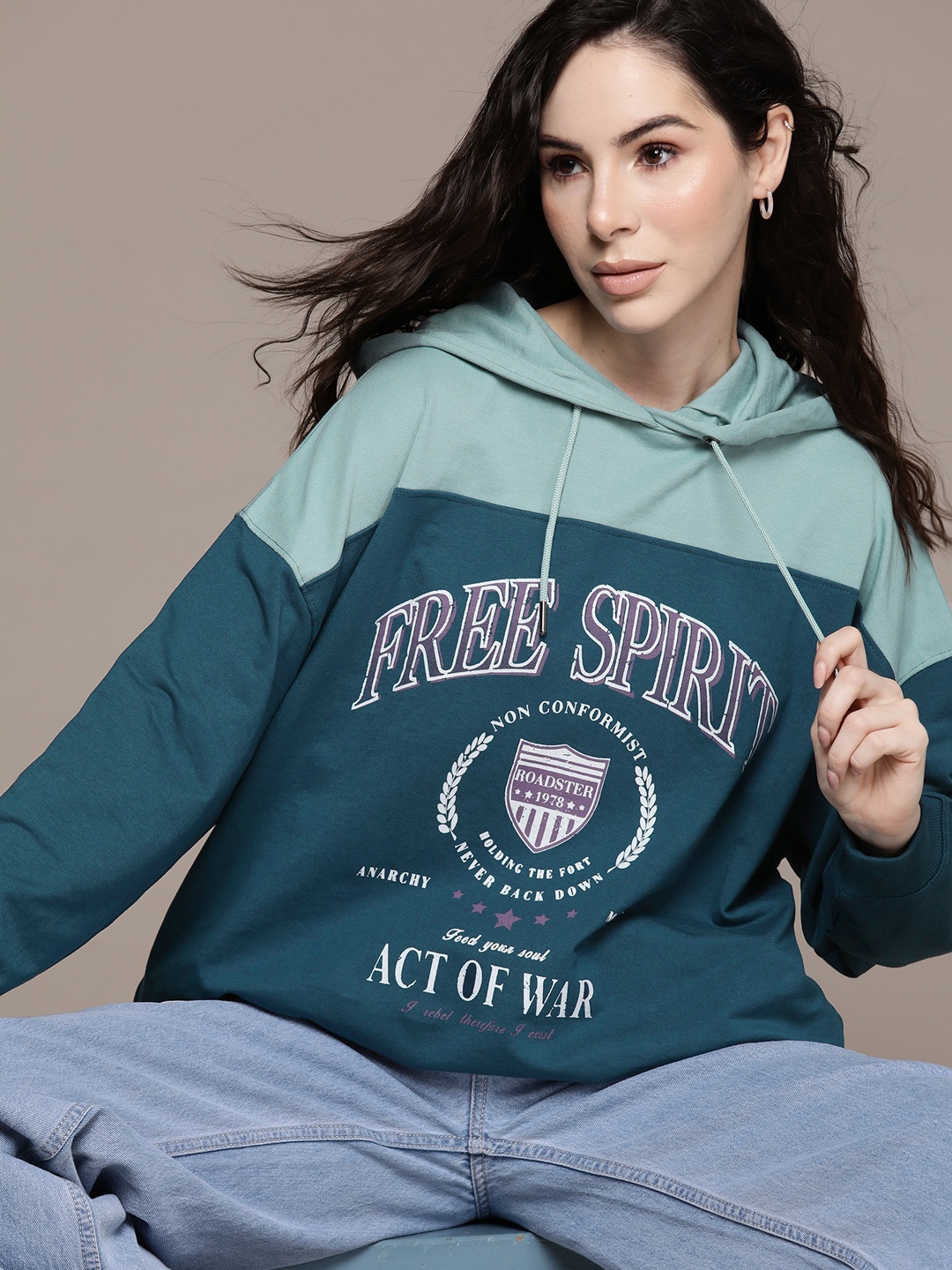 

Roadster Women Colorblocked Typography Detailed Hooded Sweatshirt, Teal