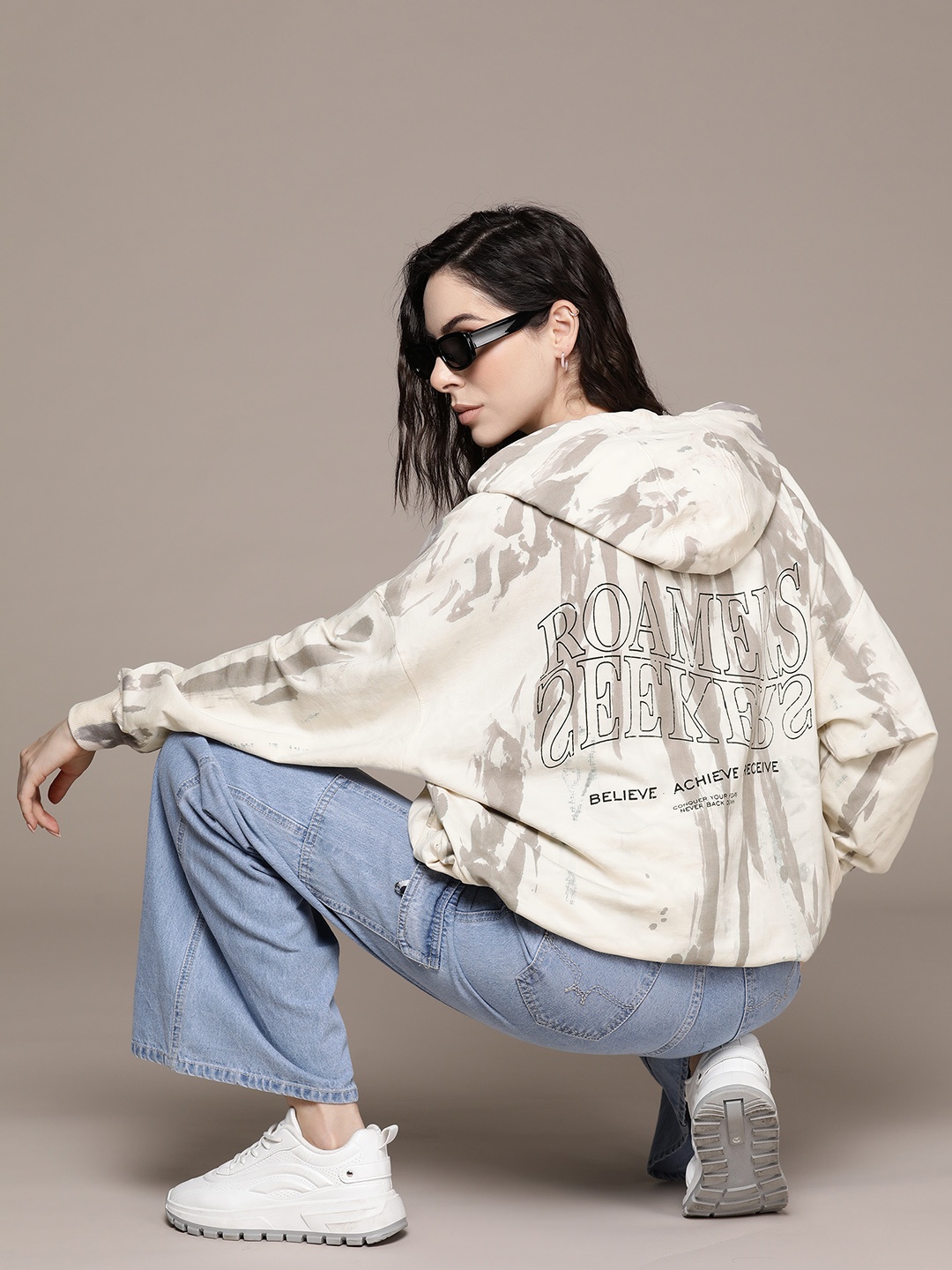 

Roadster Women Abstract Printed Hooded Oversize Sweatshirt, Cream