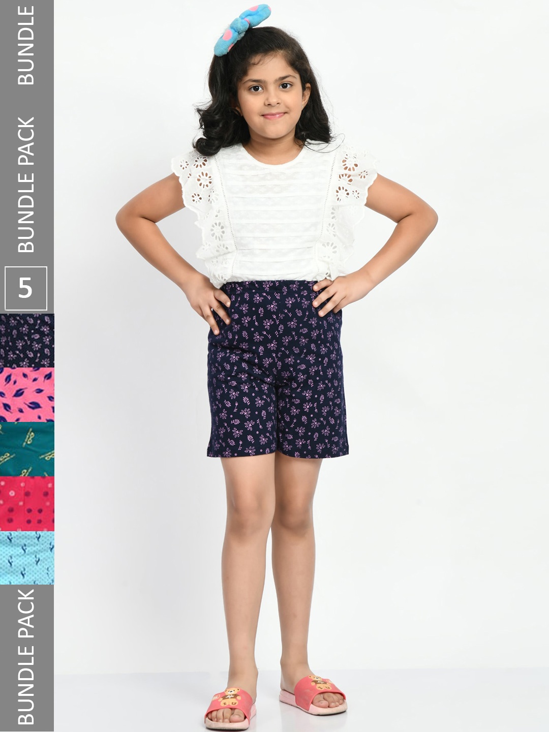 

BAESD Girls Pack Of 5 Floral Printed Pure Cotton Shorts, Navy blue