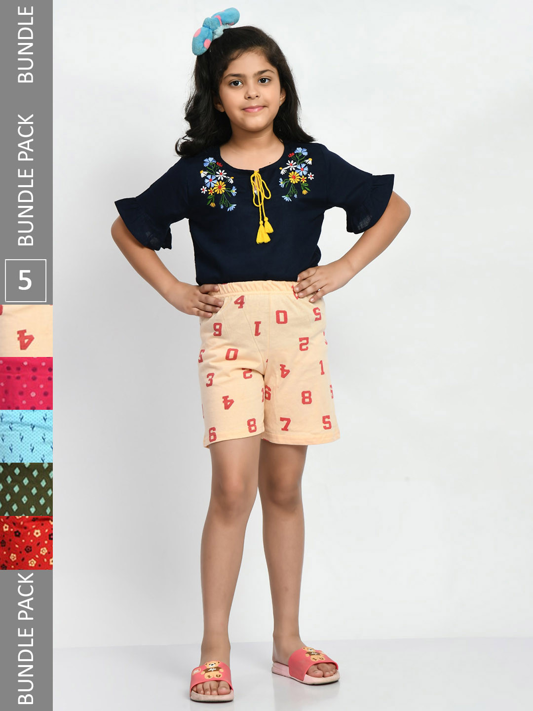 

BAESD Girls Pack Of 5 Printed Pure Cotton High-Rise Shorts, Peach