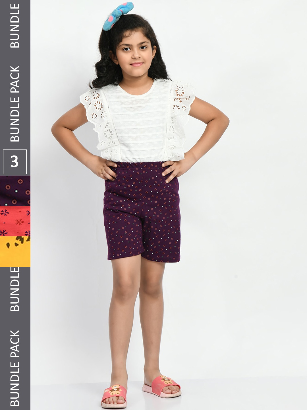 

BAESD Girls Pack of 3 High-Rise Geometric Printed Pure Cotton Shorts, Purple