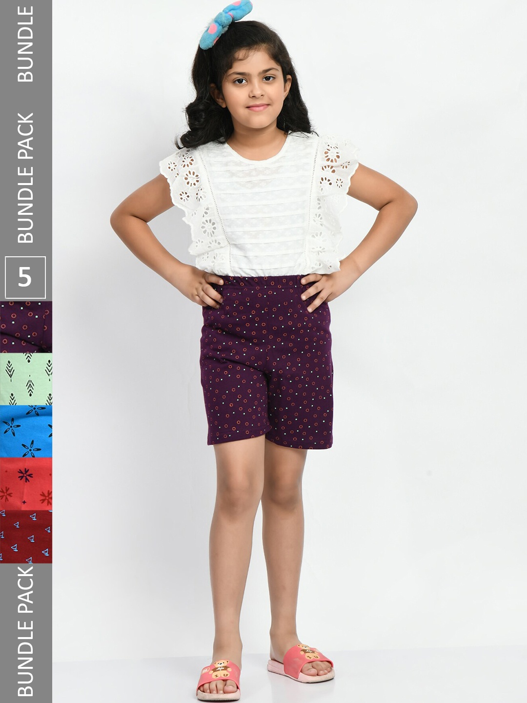 

BAESD Girls Pack Of 5 Printed Pure Cotton Shorts, Purple