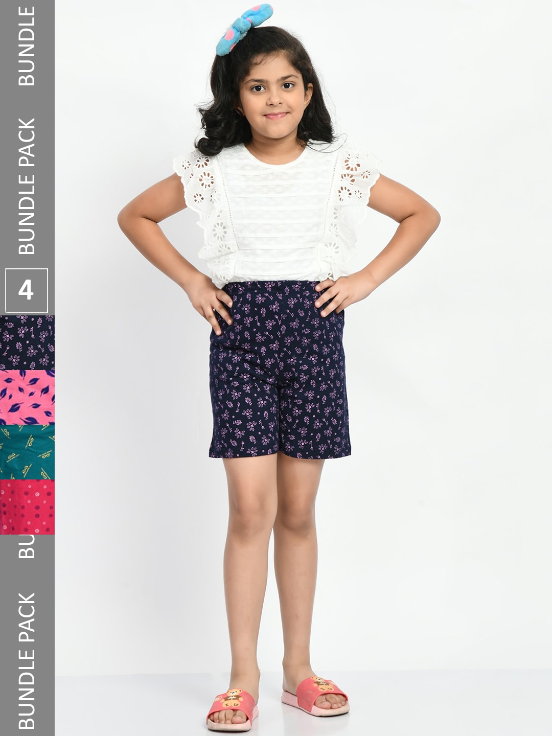 

BAESD Girls Pack Of 4 Floral Printed Pure Cotton Shorts, Navy blue