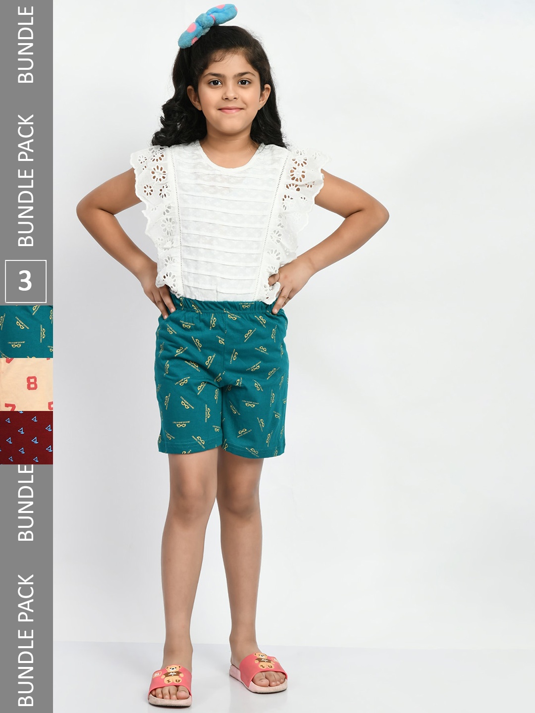

BAESD Girls Pack Of 3 Printed Pure Cotton High-Rise Shorts, Green