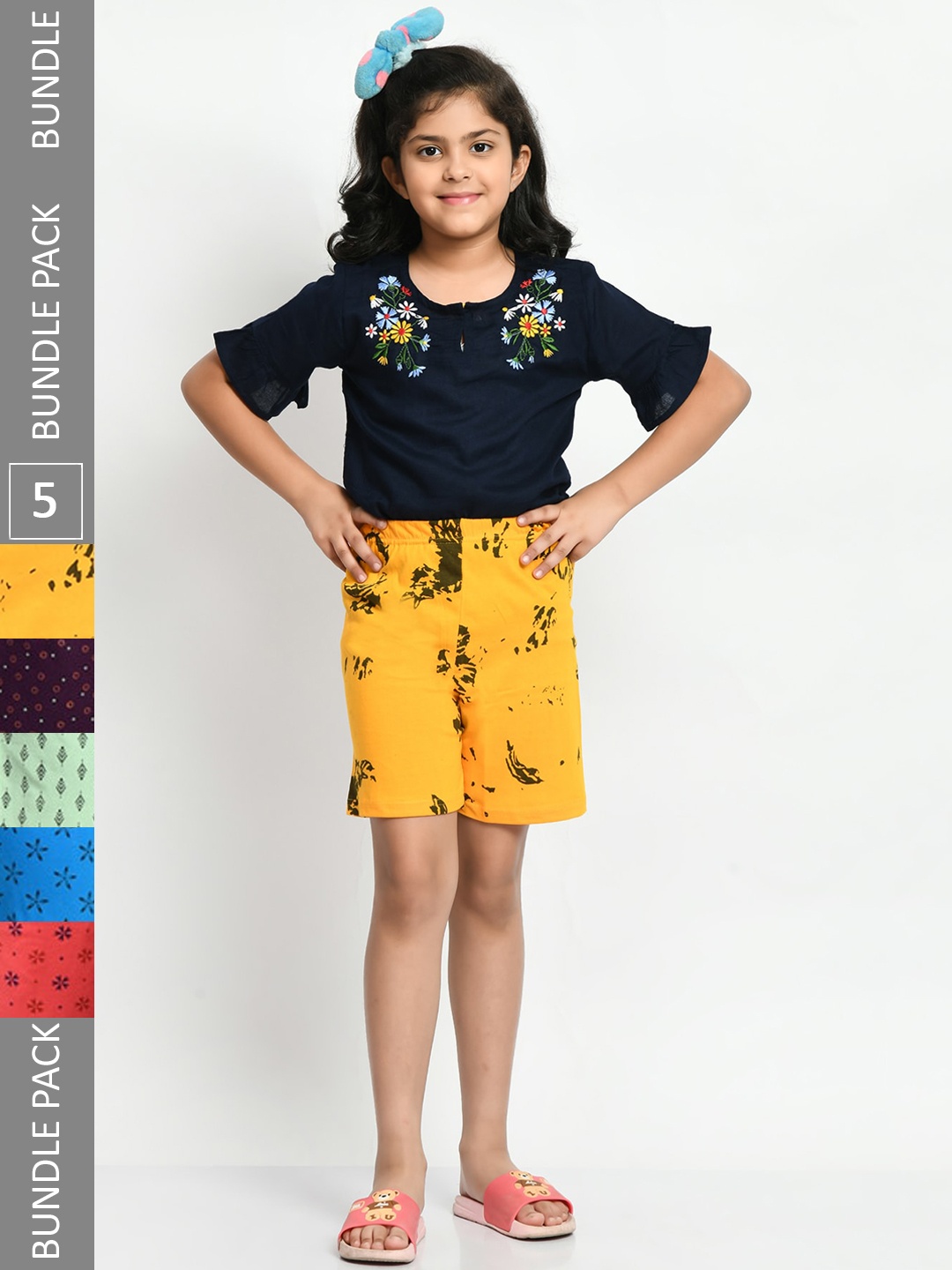 

BAESD Girls Pack Of 5 Printed Pure Cotton High-Rise Shorts, Yellow