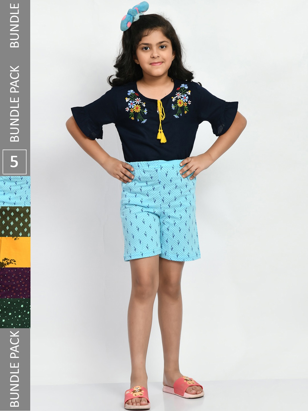 

BAESD Girls Pack Of 5 Printed Pure Cotton High-Rise Shorts, Blue