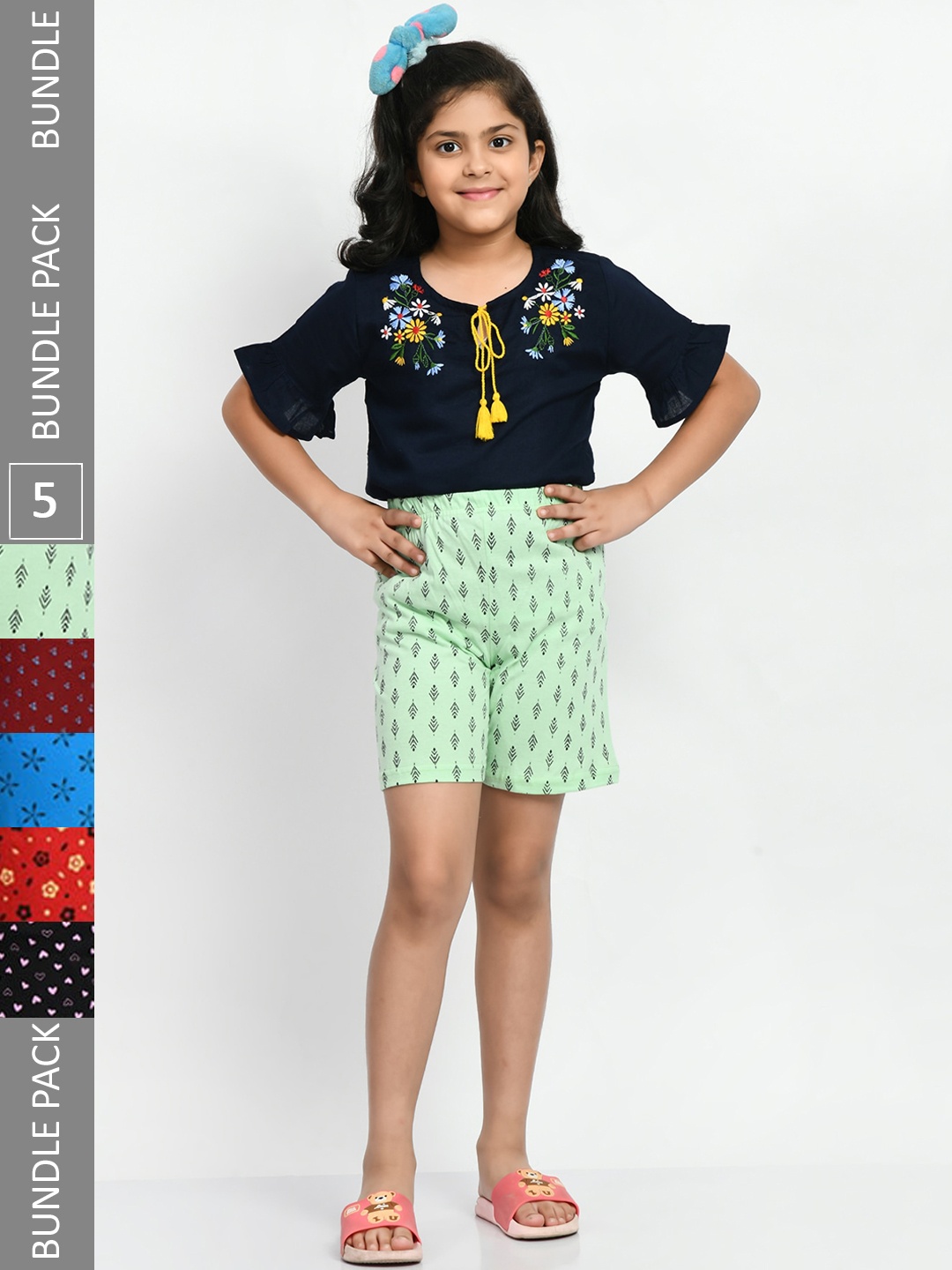 

BAESD Girls Pack of 5 High-Rise Conversational Printed Pure Cotton Shorts, Green