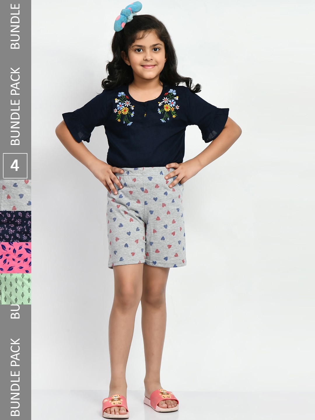 

BAESD Girls Pack Of 4 Printed Mid-Rise Pure Cotton Shorts, Grey