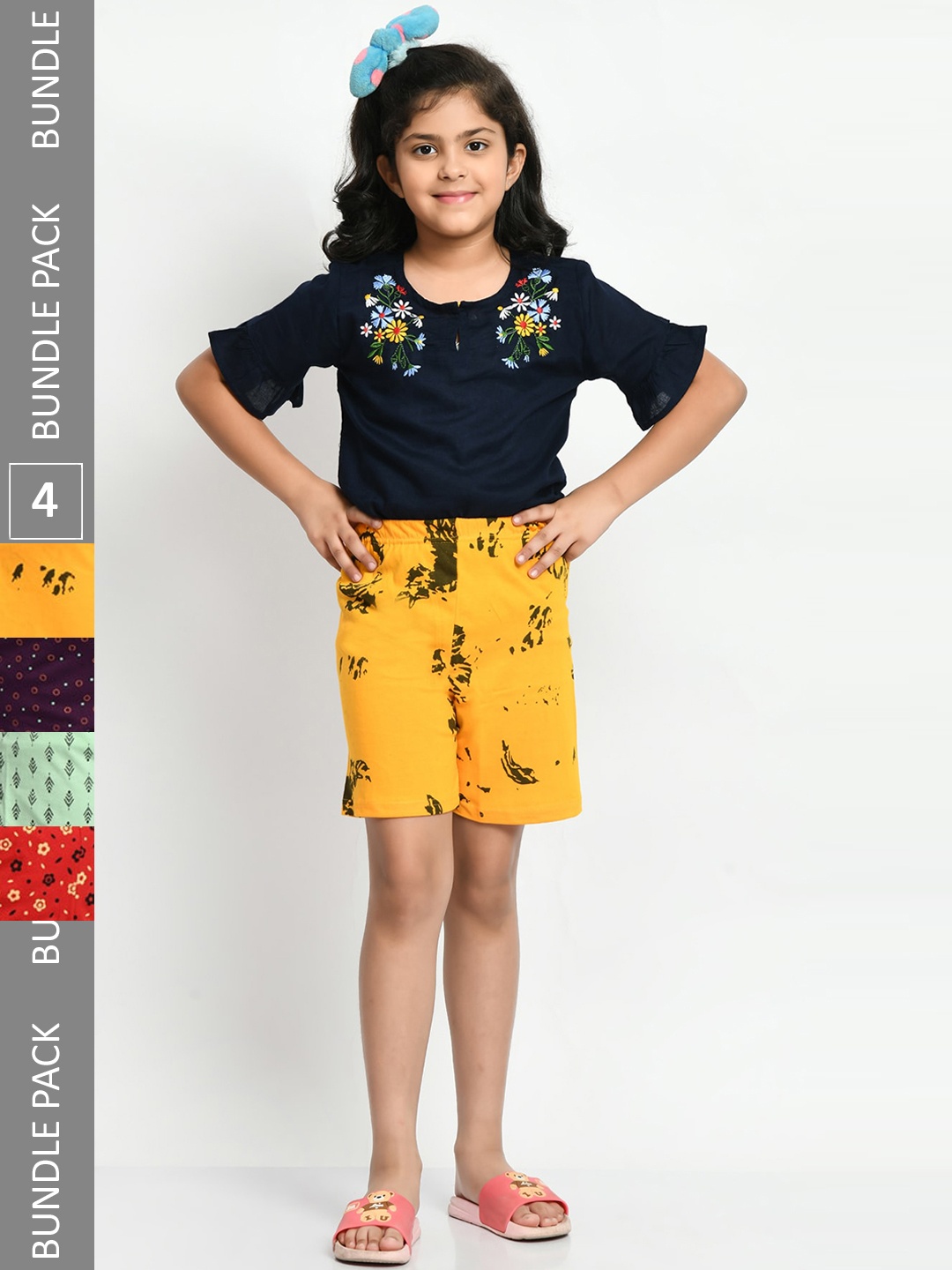 

BAESD Girls Pack Of 4 Printed Pure Cotton High-Rise Shorts, Yellow