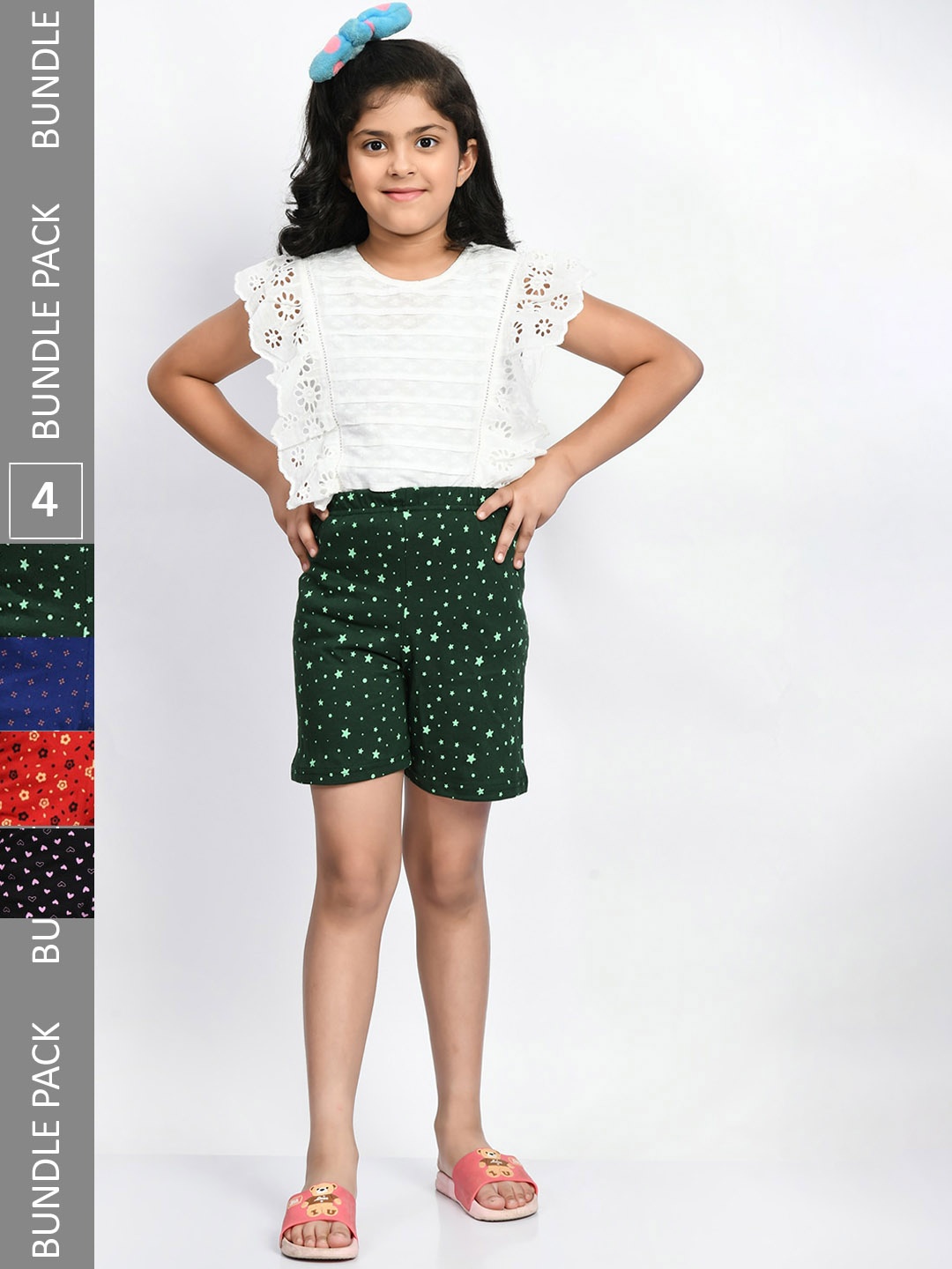 

BAESD Girls Pack Of 4 Printed Mid-Rise Pure Cotton Shorts, Green