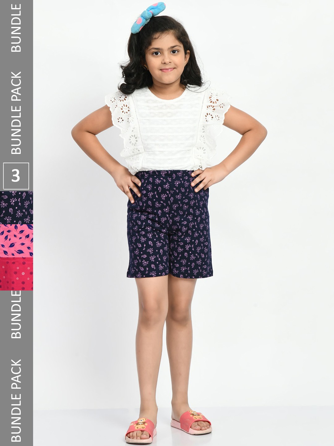 

BAESD Girls Pack of 3 High-Rise Floral Printed Pure Cotton Shorts, Navy blue