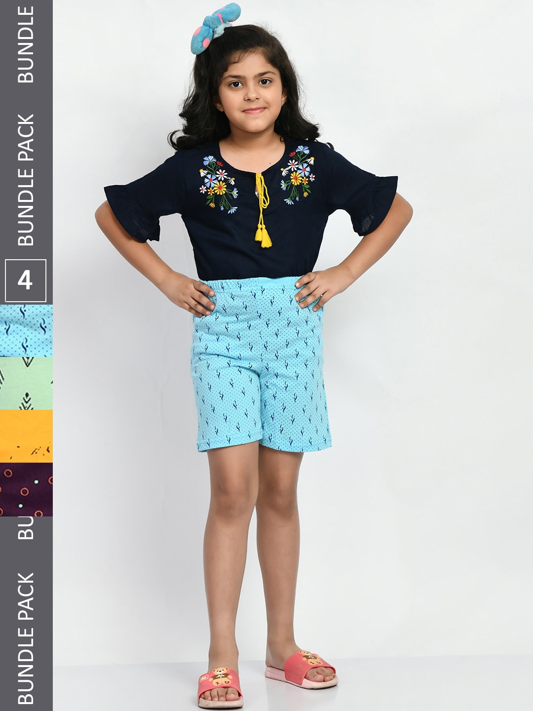 

BAESD Girls Pack of 4 High-Rise Geometric Printed Pure Cotton Shorts, Blue