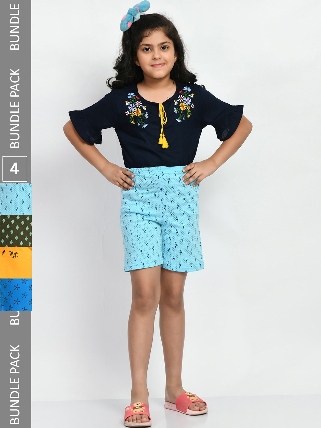 

BAESD Girls Pack Of 4 Printed Pure Cotton High-Rise Shorts, Blue