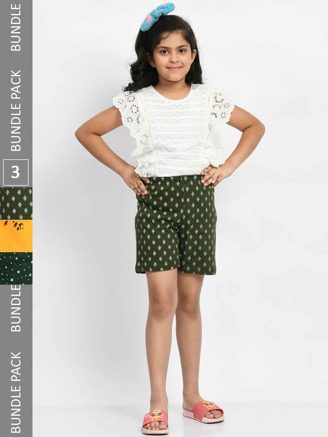 

BAESD Girls Pack Of 3 Printed Pure Cotton High-Rise Shorts, Green