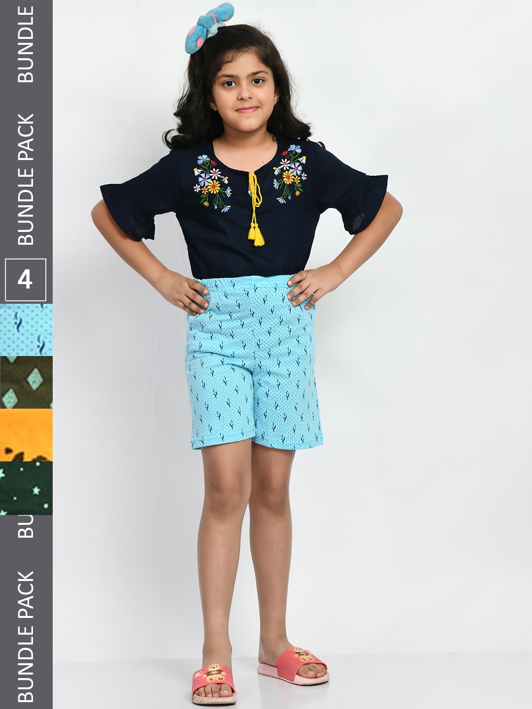 

BAESD Girls Pack Of 4 Printed Pure Cotton High-Rise Shorts, Blue