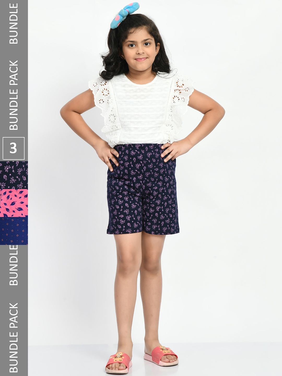 

BAESD Girls Pack Of 3 Printed Pure Cotton High-Rise Shorts, Navy blue