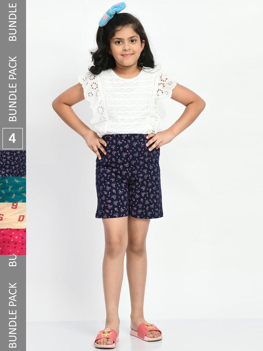 

BAESD Girls Pack Of 4 Printed High-Rise Pure Cotton Shorts, Navy blue