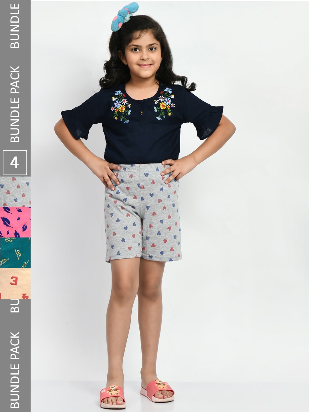 

BAESD Girls Pack Of 4 Printed Pure Cotton High-Rise Shorts, Grey
