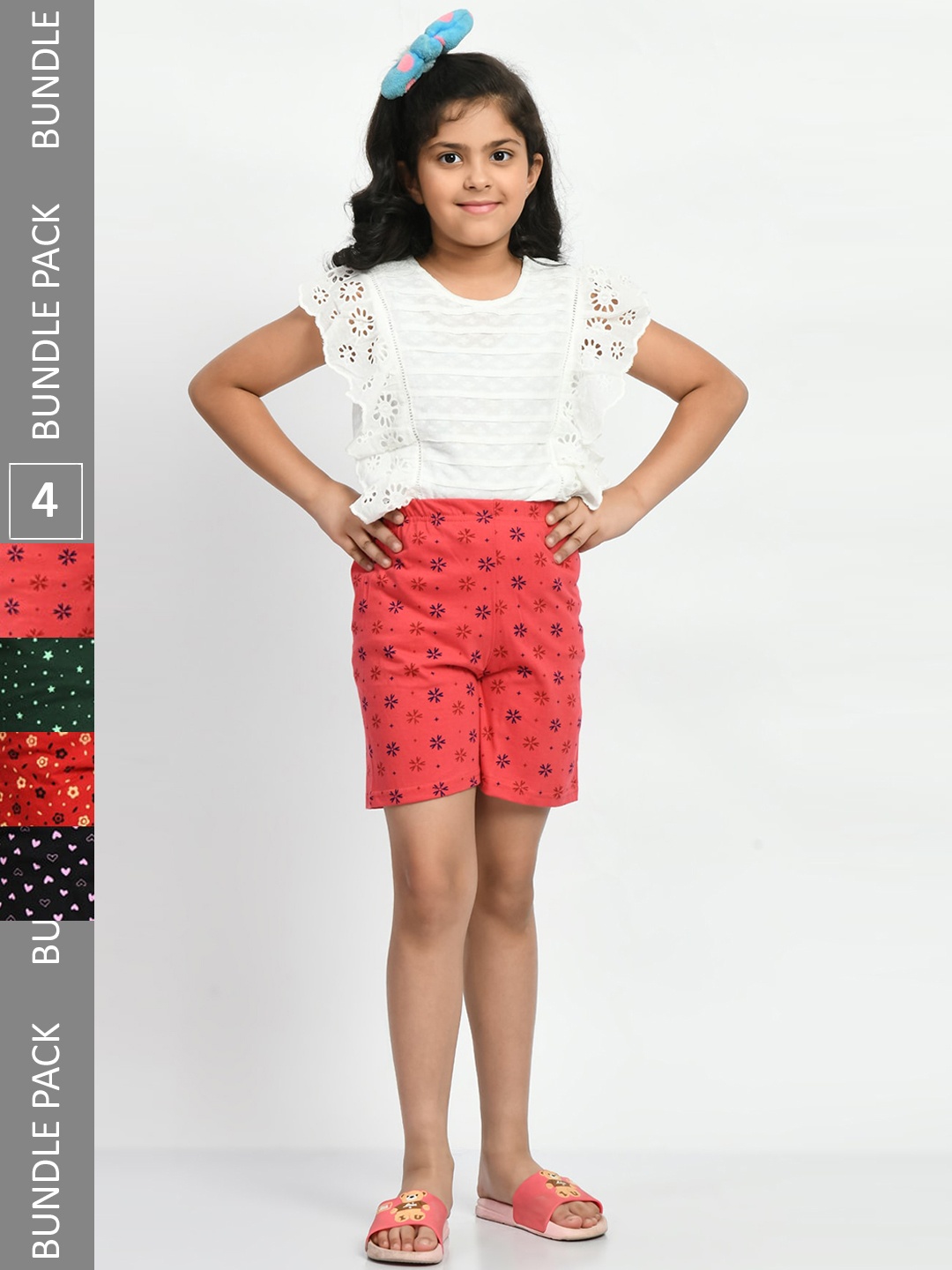 

BAESD Girls Pack Of 4 Printed High-Rise Pure Cotton Shorts, Peach